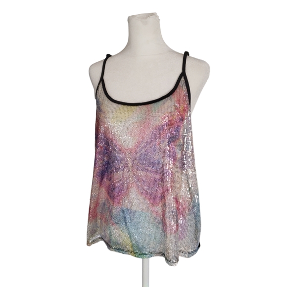 Y2k Butterfly Sequin Tank Top Medium Sheer Disco Fairy Swing Hem - Picture 1 of 7